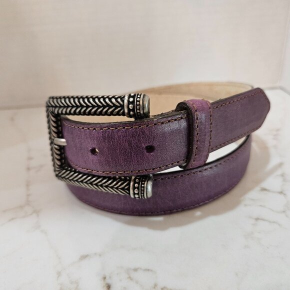 Elite Purple Leather Belt With Ornate Silver Herringbone Buckle Made In Usa - Picture 2 of 9